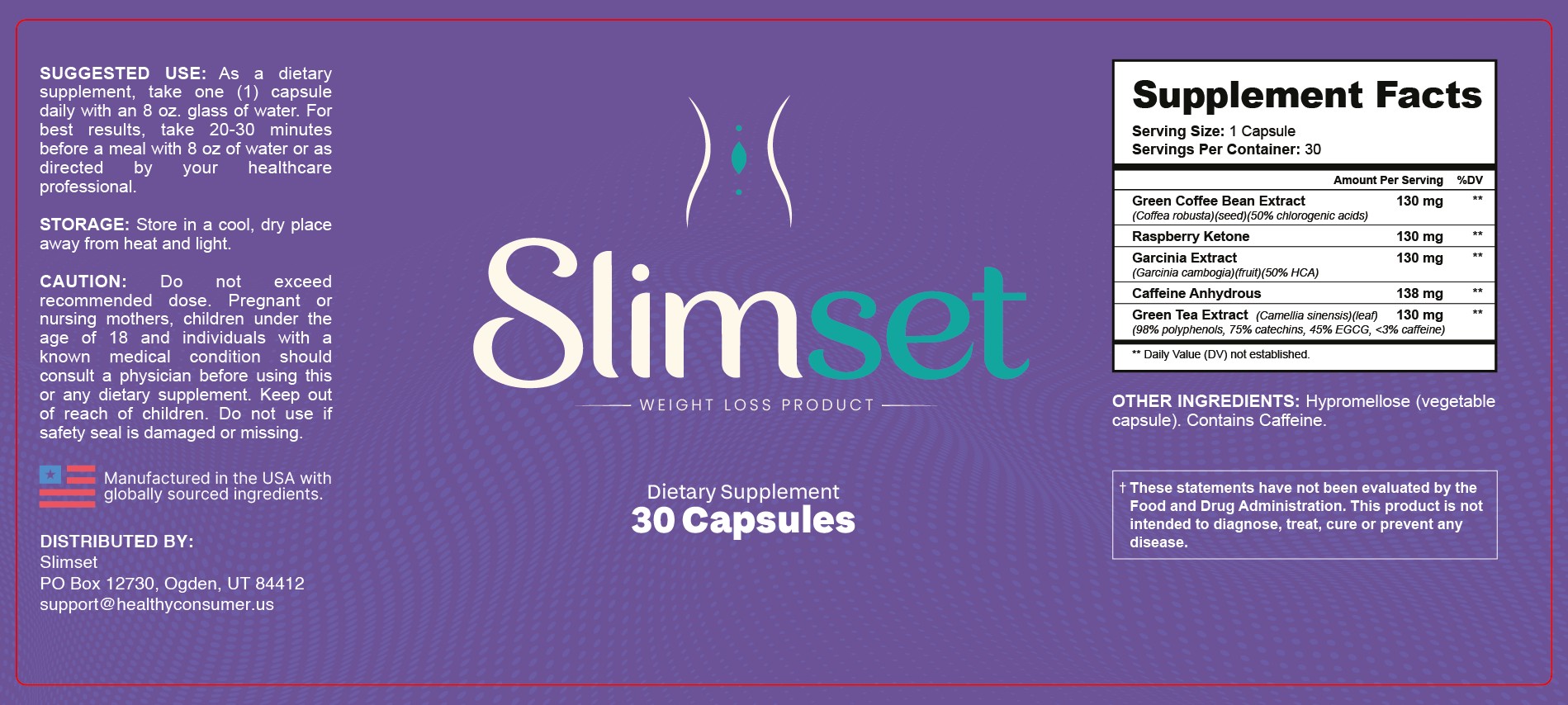 SlimSet product label with Supplement Facts